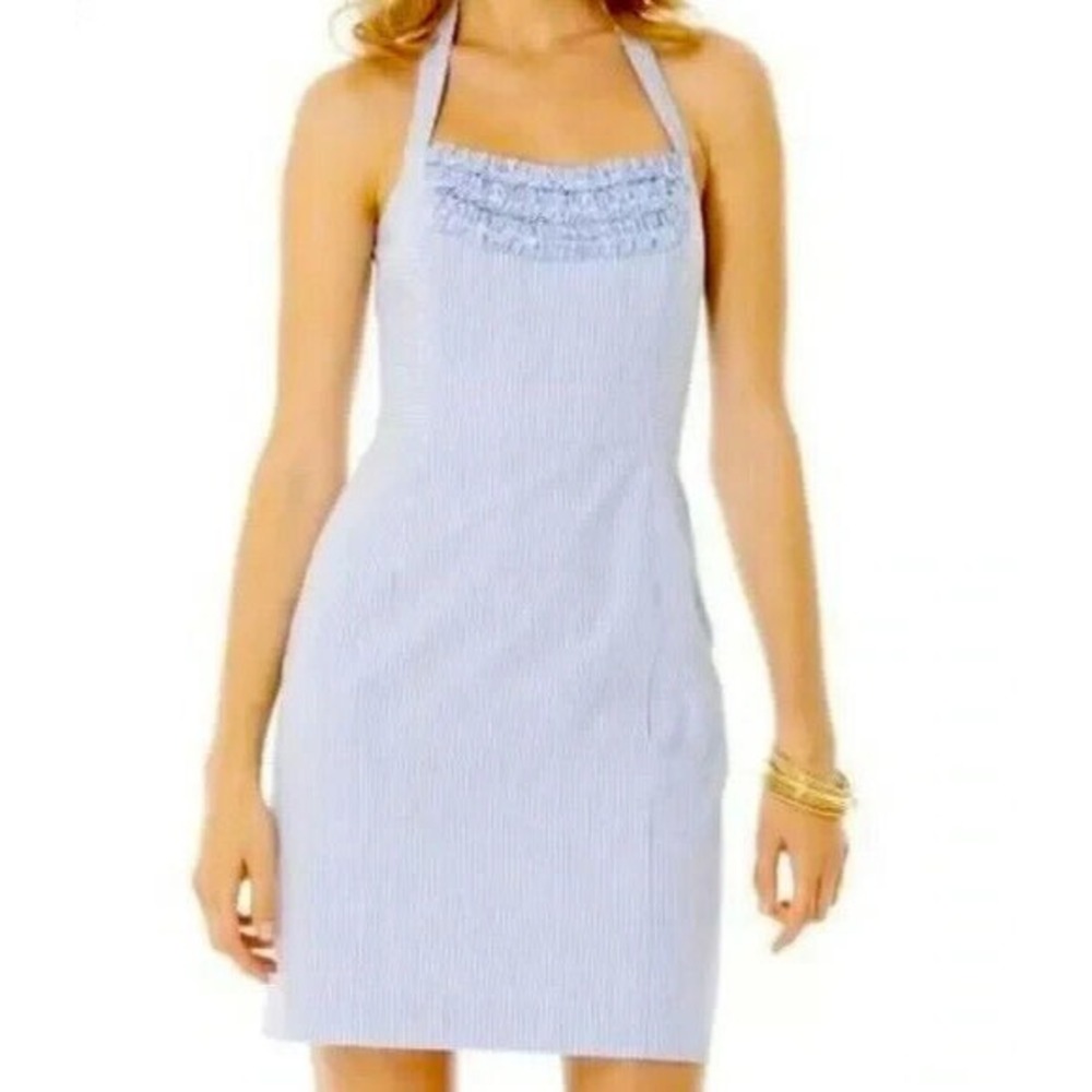 NWT Lilly Pulitzer Ruffle Halter Dress Blue Lucky Seersucker 4 2  Stripe Cotton